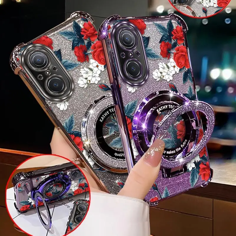 

Nova 9SE Red flowers Plating Bracelet Holder Phone Case For Huawei Magic 70Pro 7 Nova 13 12 11Pro Pura 40 70 Mate 30 Cover