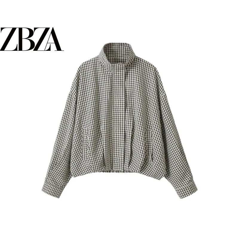 Fashionable Plaid Flight Jacket Coat Long Sleeve Stand Collar Women's Casual Style Polyester Fiber Autumn Season New Arrival