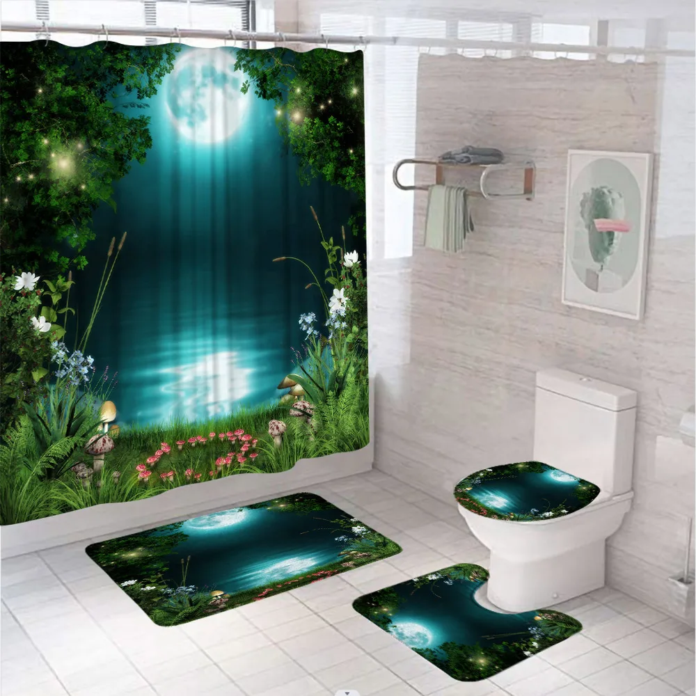 Fantasy Scenery Waterfall Shower Curtain Set Forest Mushroom Flower Lake Bathroom Curtain Non-Slip Bath Mat Rug Lid Toilet Cover