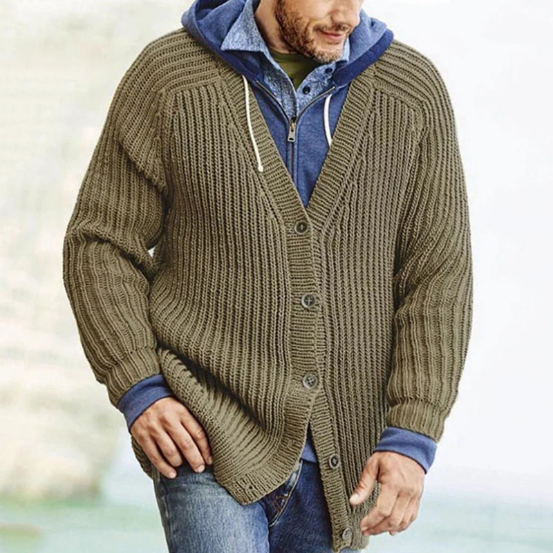 Suéter de punto grueso para hombre, chaqueta cálida de manga larga con cuello en V, abrigo informal de otoño e invierno