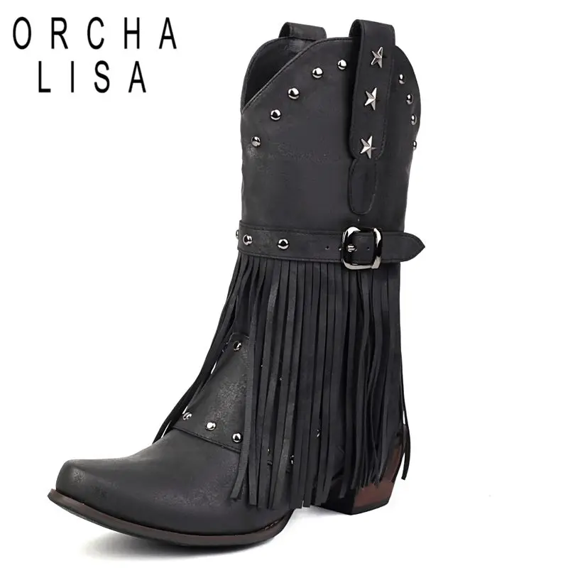 

ORCHA LISA Retro Female Western Boots Square Toe Block Heels 5cm Slip On Tassels Metal Decoration Big Size 43 44 45 Fashion Bota