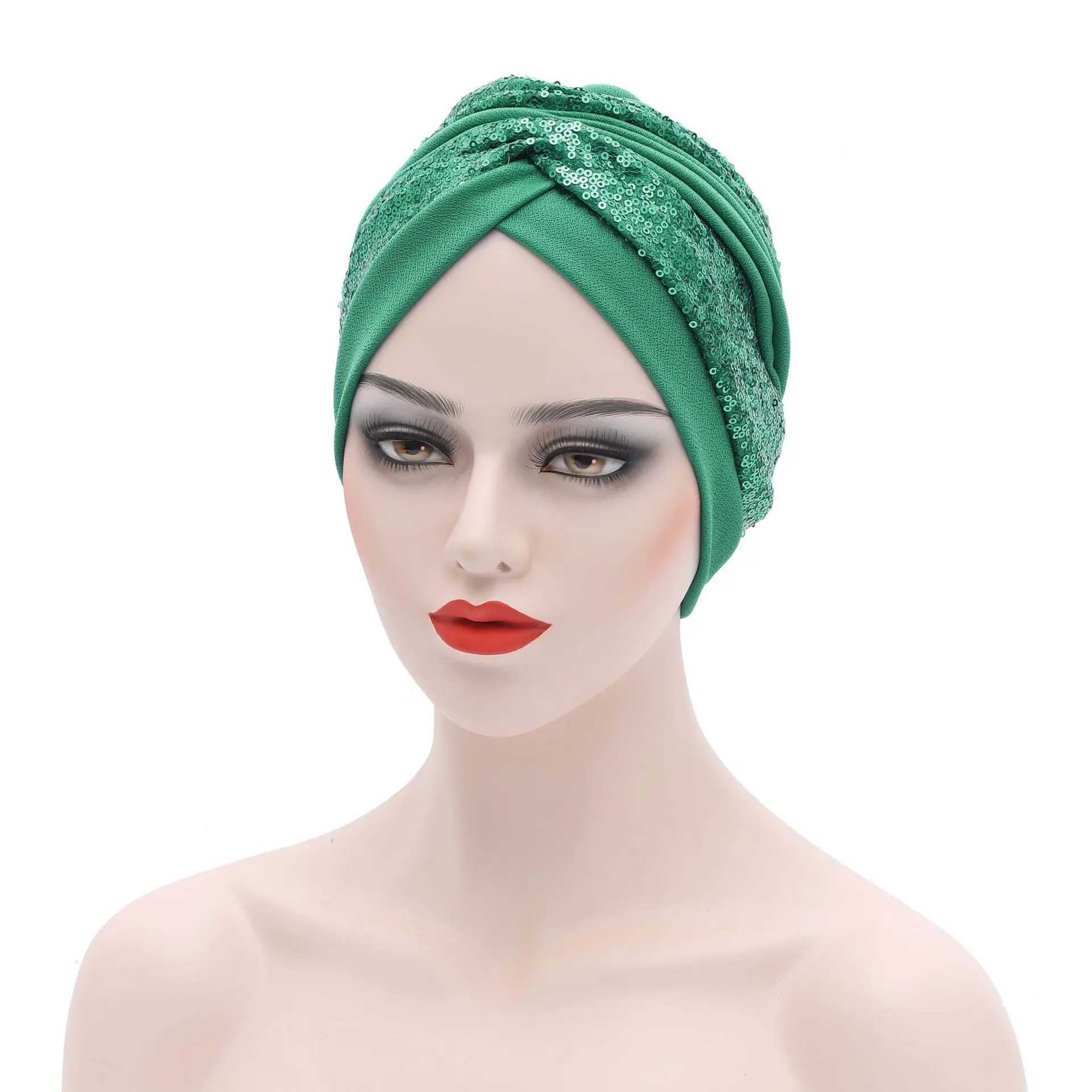 

Sequins Pleated Women's Turban Cap Fashion Muslim Headscarf Bonnet Lady Wrap Head Hat Sparkly Head Cover