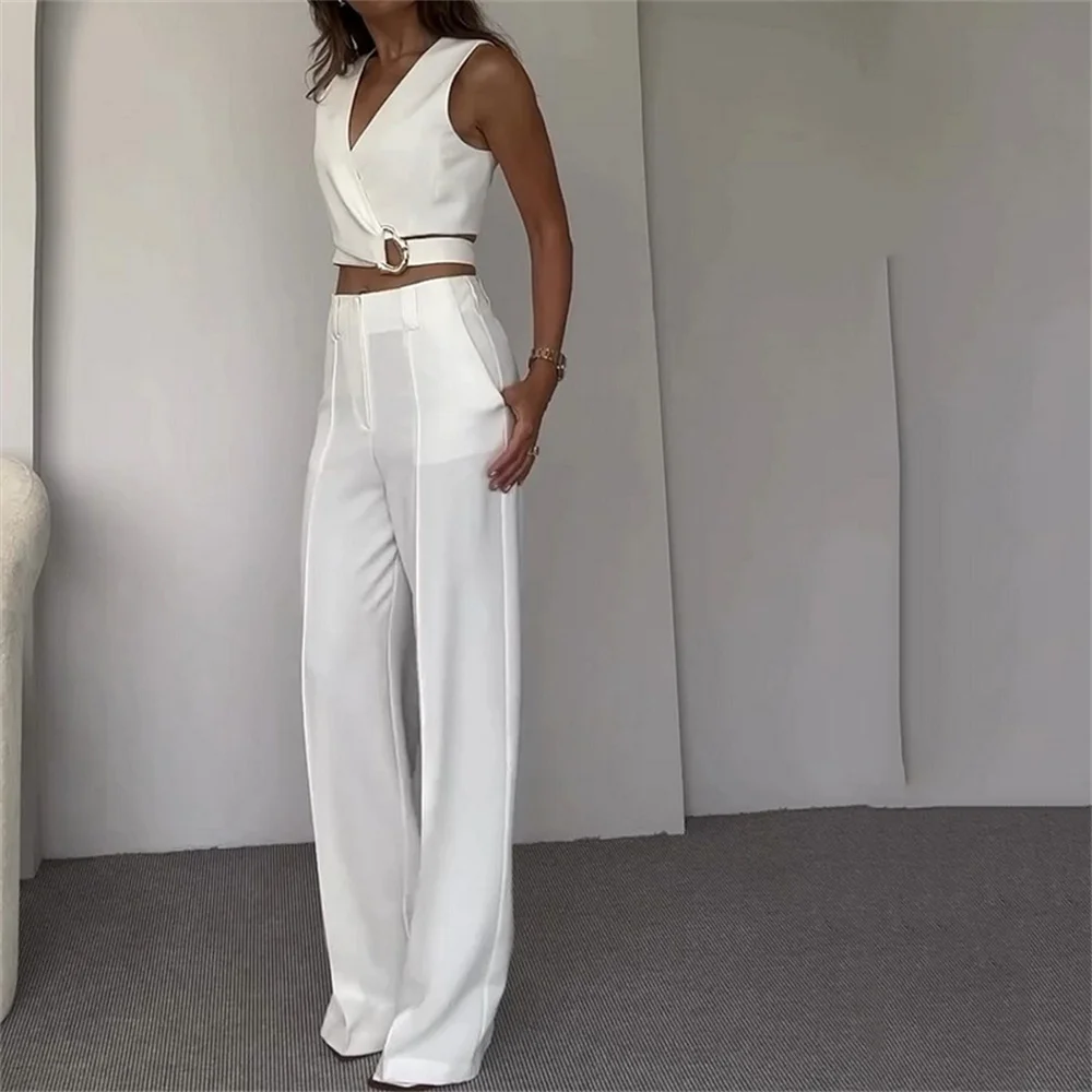 Summer White Vest and Pants 2 Piece Set for Women Elegant Cross Slim V Neck Sleeveless Tops and High Waist Wide Leg Long Pants