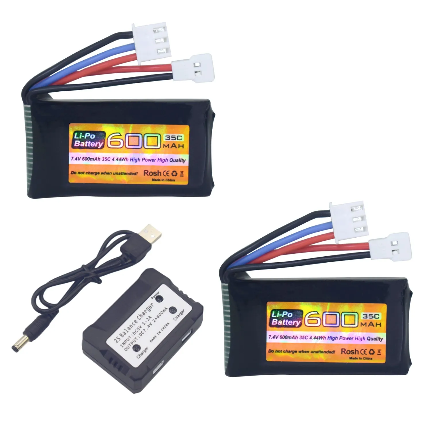 2PCS 7.4V 600mAh 35C 2S Lipo Battery With Molex Plug +2-In-1 Charger For FMS FCX24 RC Cars,Trucks,And RC Electric Climbing Cars