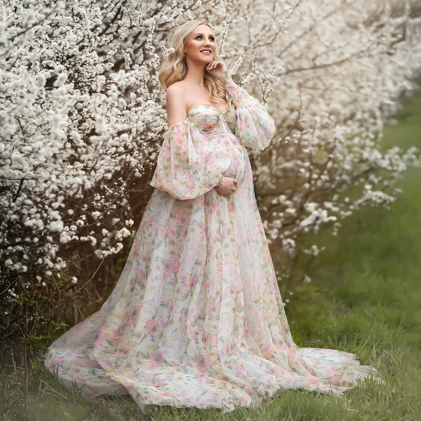 Printing Flower Maternity Dress for Baby Shower Fotos Luxury Vestiti Sposa Pregnant Mom Gowns for Photos