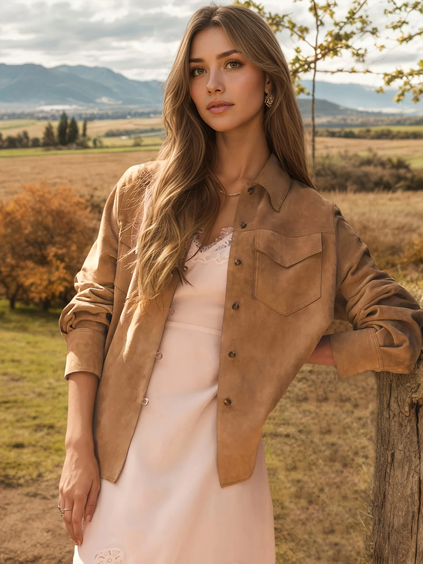 ：Women Faux Suede Jacket Lapel Long Sleeve Button‑Down Shacket With Chest Pocket Fall Casual Outerwear