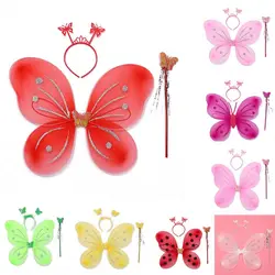 3Pcs/Set Kids Butterfly Headband Wings Wand Girls Summer Photography Outfit Children Yellow Green Purple Pink Fairy Tale Props