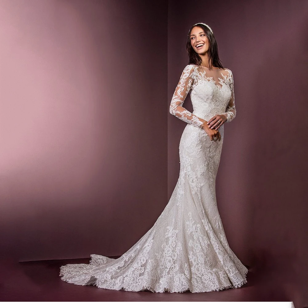 Elegant Mermaid Bridal Gown For Womens O-Neck Long Sleeve Backless  Floor Length Wedding Dress Custom Made High Quality Dresses