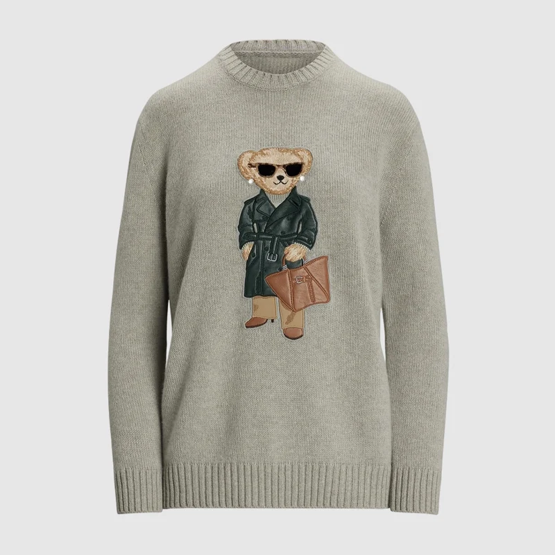 Suéter de Tricô Feminino Verde Racing com Estampa de Urso Teddy RL, Pulôver de Cashmere, Blusa de Tricô Solta de Manga Longa para Outono Inverno