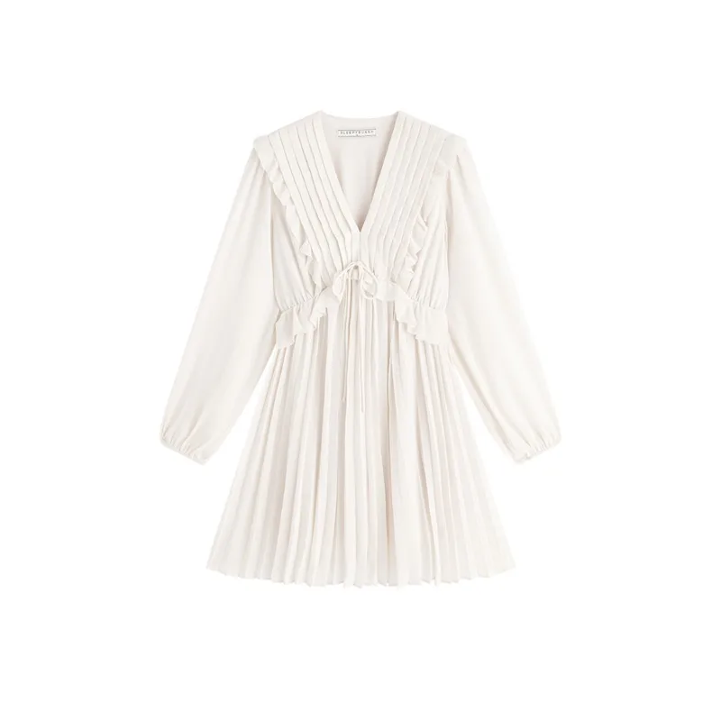 Elegant Ruffled Chiffon Dress for Women Long Sleeve V-Neck Pleated A-Line Mini Dress Elastic Dress for Autumn Party Daily Wear