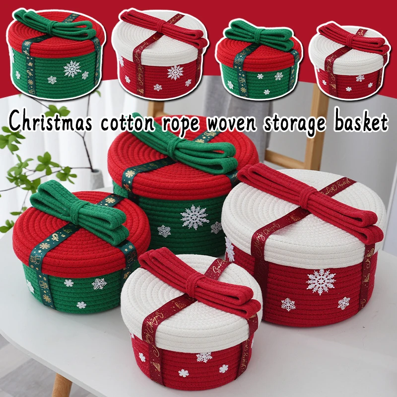 Merry Christmas Candy Storage Basket With Lid Round Baking Cookie Christmas Gifts Storage Box Home Party Christmas Decoration