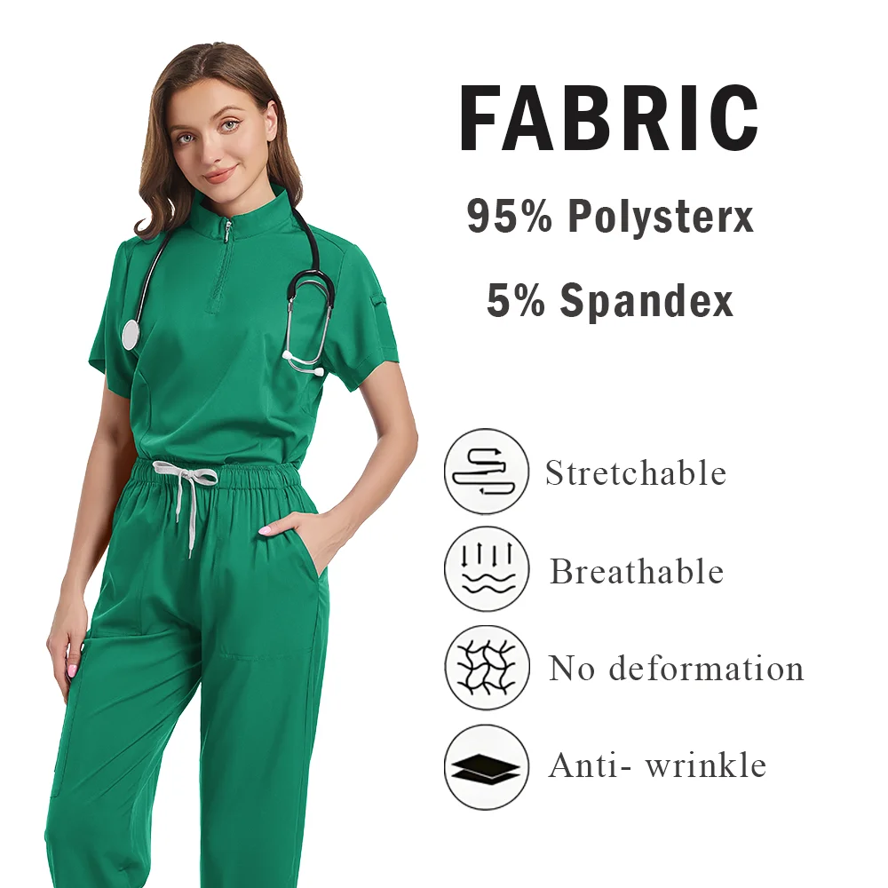 여성용 4 포켓 지퍼 넥 반소매 스크럽 탑 간호사 유니폼 여성 남성 의료 간호사 액세서리 병원 의사 유니폼