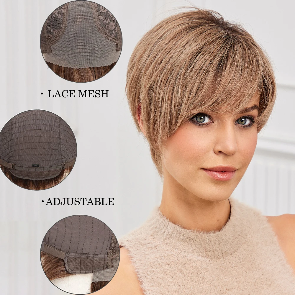 Wig Rambut Asli 100% Remy, Model Lace Front, Warna Cokelat Muda Ombre, Rambut Pendek Model Bob Berlapis Alami untuk Wanita, Cocok untuk Penggunaan Sehari-hari