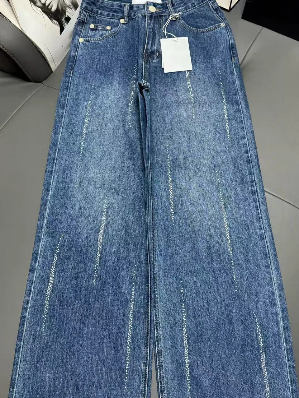 

Heavy Du Rhinestone Denim High Waist Straight Leg Retro Women's Jeans Casual Sle l Waist Button Closure Winter Wear