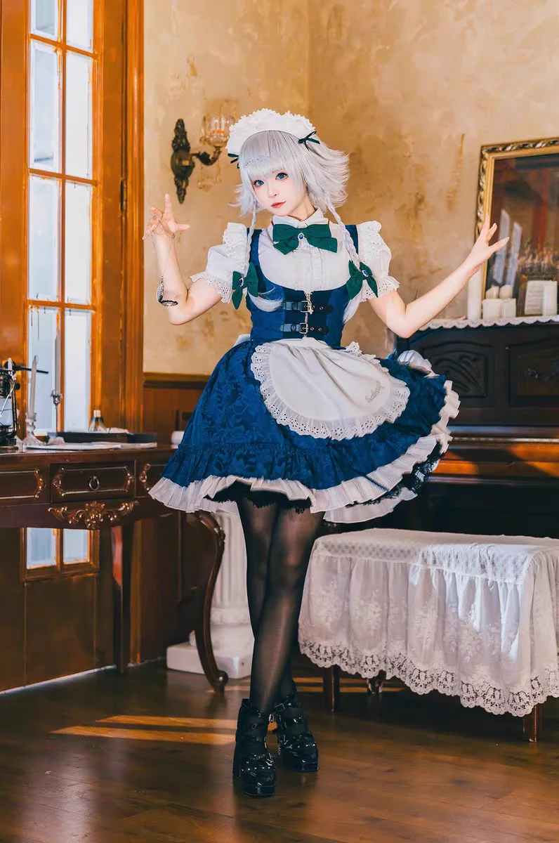 Men Accessories For Party - 2026アニメ東方プロジェクト女性用マンスウィートメイド制服伊彩院咲夜コスプレ衣装ハロウィンパーティーロリータ小道具アクセサリーセット