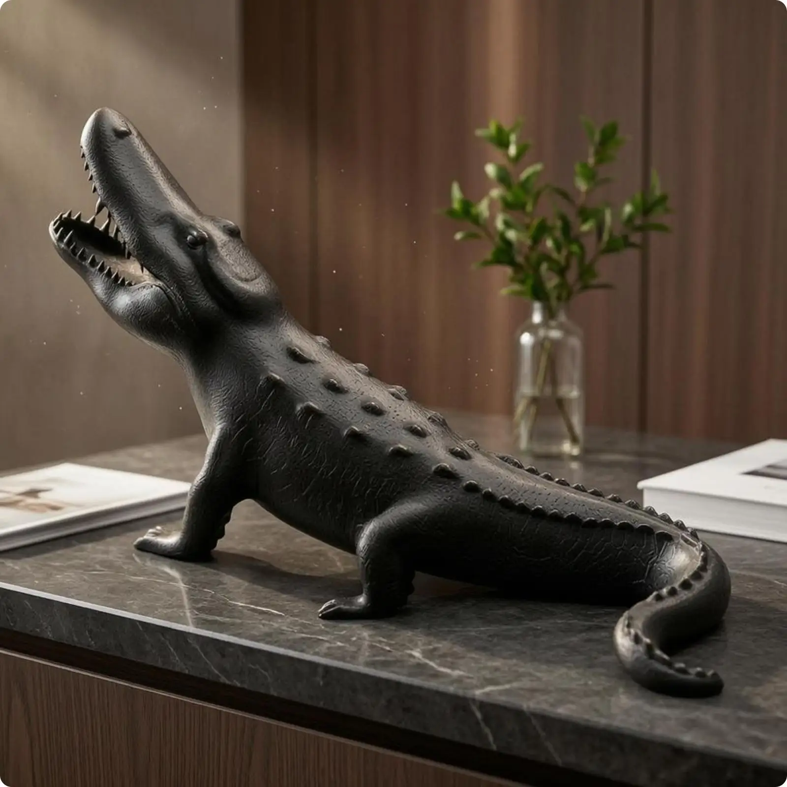 Metal Crocodilian Figurine Raised Raised Lines Cast-Look Crocodilian Ornament Textured Animal Statue