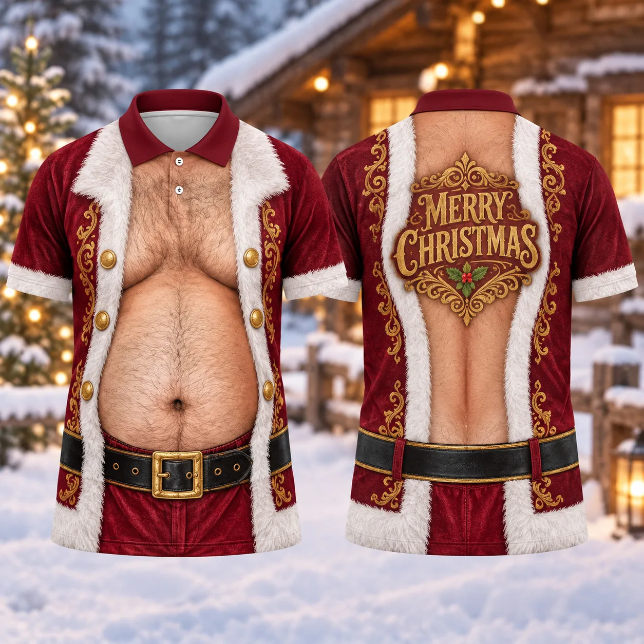 Men's Funny Christmas Polo Shirt Santa Belly 3D Body Print Short Sleeve Costume Holiday Party Golf Top