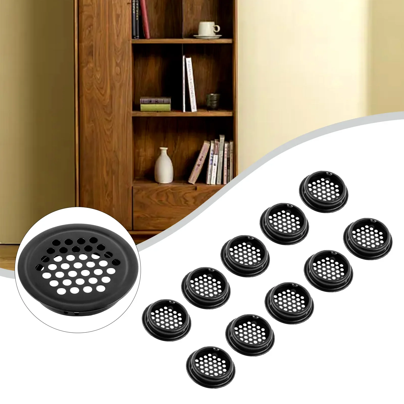 

10pcs Round Wardrobe Cabinet Mesh Hole Black Air Vent Louver Ventilation Grilles Cover Stainless Steel Black Color