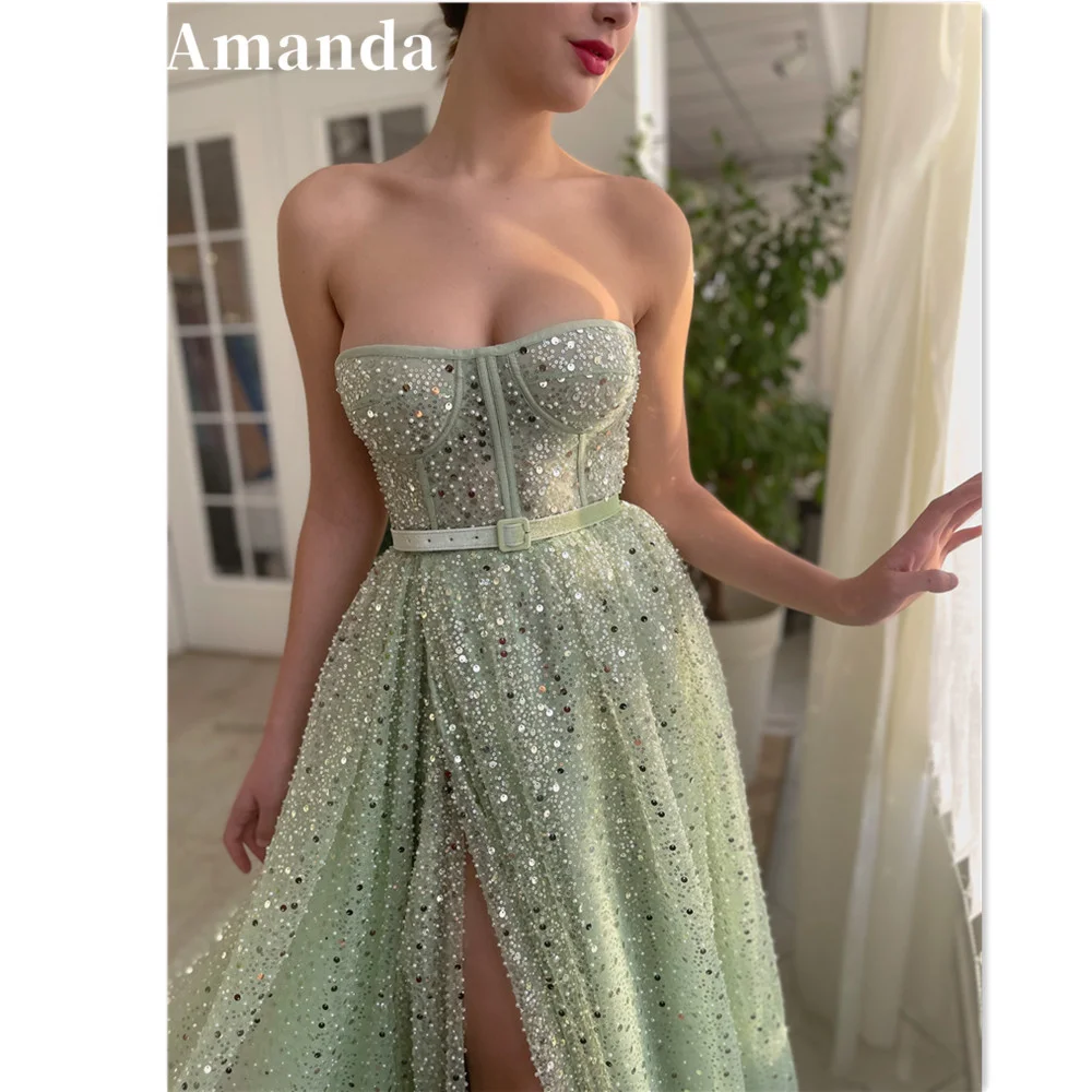 Amanda Glitter Evening Dress Shiny Strapless Prom Dress 2023 Sexy A-line Party Dress Green Sequin Side Split Prom Gown