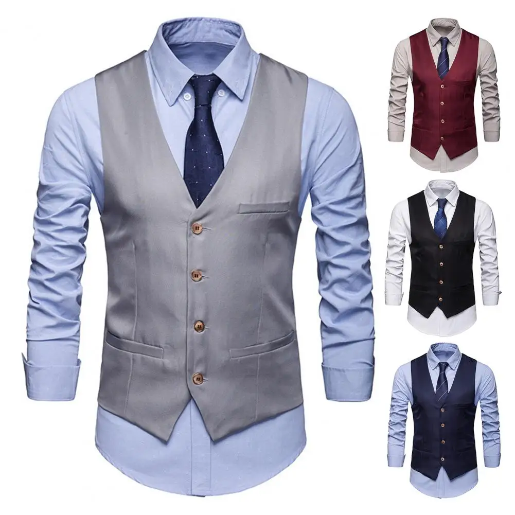 Men Business Vest Elegant Men's Sleeveless Suit Vest with V Neck Slim Fit for Formal Business Style Single-breasted for Groom