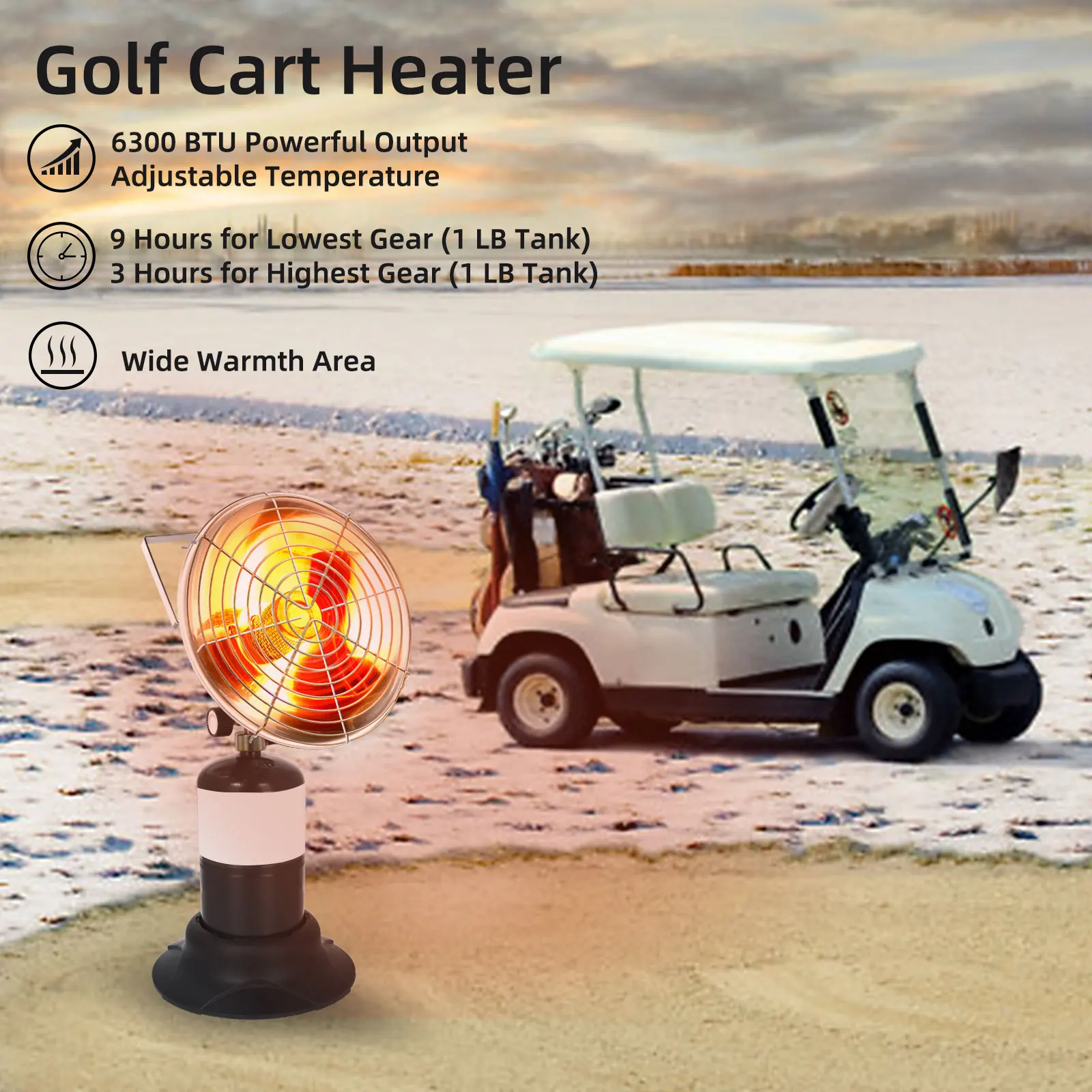 Roykaw Golf Cart Propane Heater for 1 LB Cylinder, 6300 BTU, Portable Propane Heater for Outdoor Use, Wide Heating Area