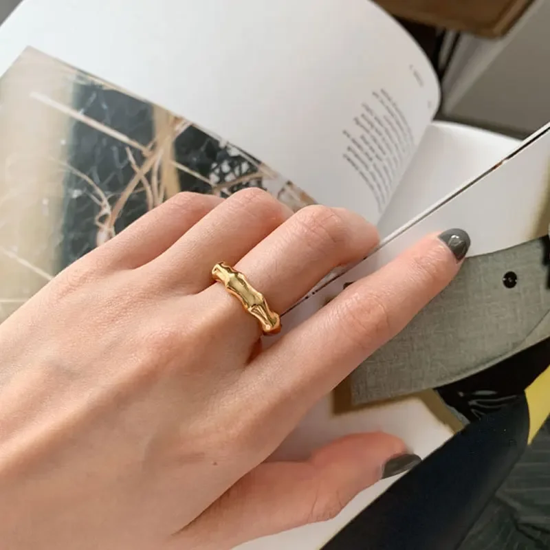 

925 Sterling Silver Minimalist Bamboo Knot Ring for Women Girls Gold Color Fashion Jewelry Accessories Stylish Exquisite Gift