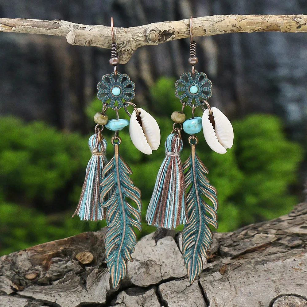 Vintage Ethnic Style Dangle Earrings for Women Bohemian Unique Leaf Tassel Round Water Drop Earring Female Jewelry Brincos