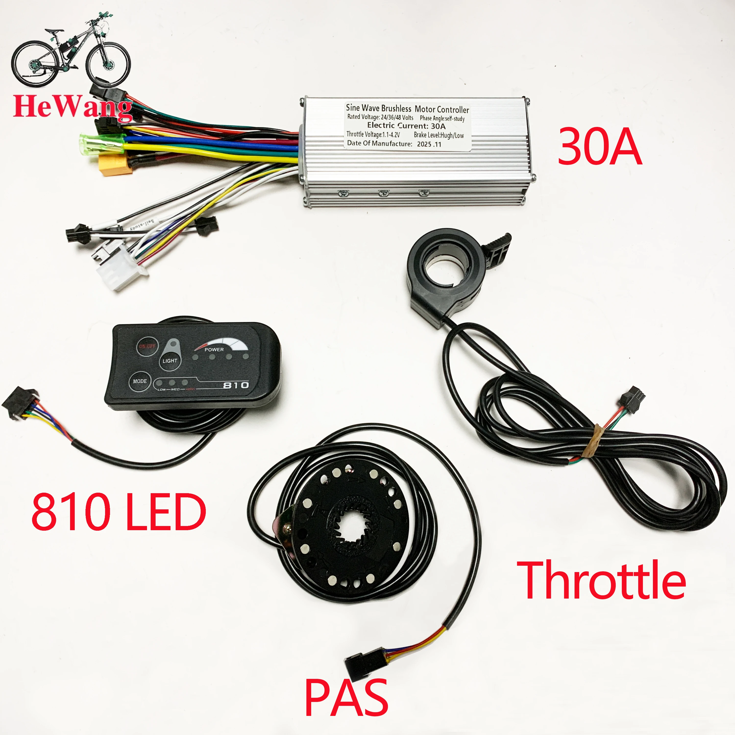 36V 48V 350W 500W Brushless Motor Sine Wave Controller 25A/30A . S810 LED Display with PAS . Throttle, for E-Bike Scooter