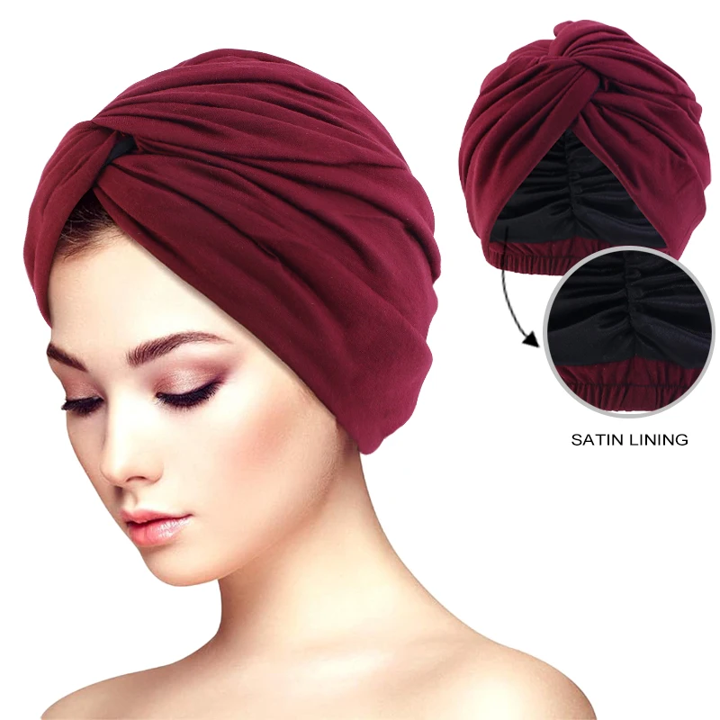 New Women Double Layer Twist Turban Satin Linning Muslim Instant Hijab Caps Bonnet Soft Headwrap Bandanas Hair Care Chemo Cap