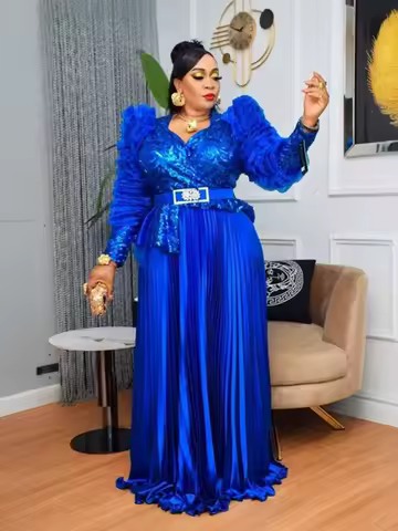 Plus Size Evening Dresses Women Wedding Guest High Waist Long Dress with Sequins Lady Elegant Pleated Luxury Dress for Birthday