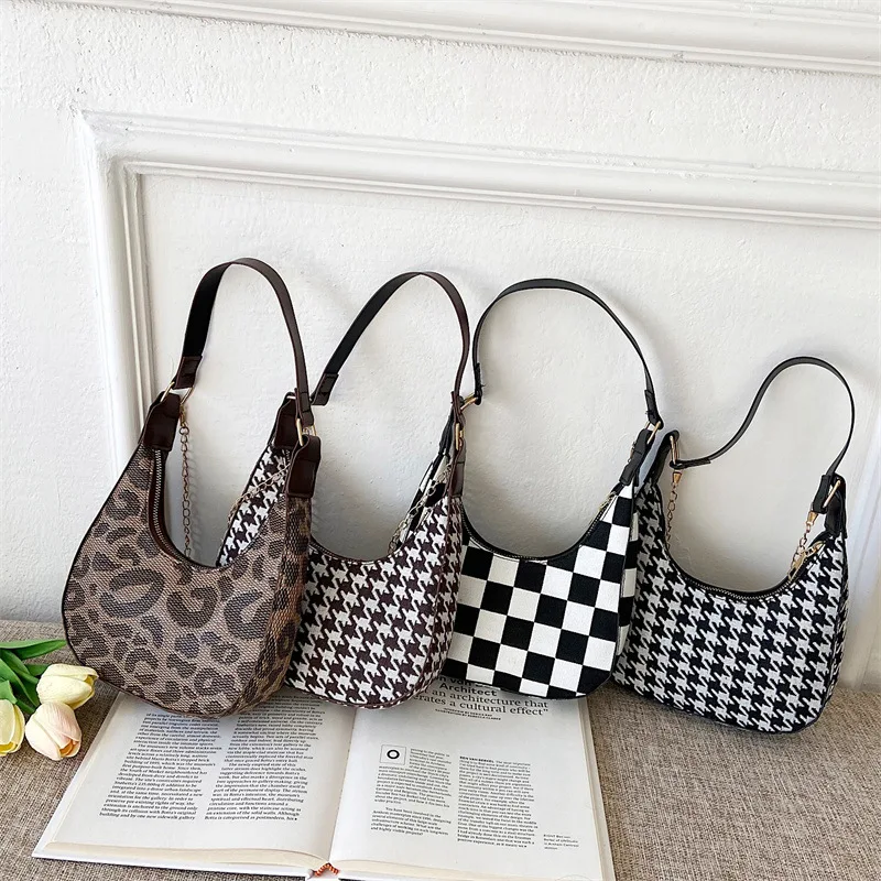 Fashion Women PU Leather Thin Chain Shoulder Crossbody Half Moon Bags Vintage Leopard Checkerboard Houndstooth Printed Handbag