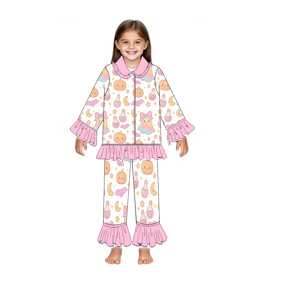 High Quality Halloween Pajama Set Long Sleeve Cute Pumpkin Ghost Print Girls Boys Set Children's Clothes