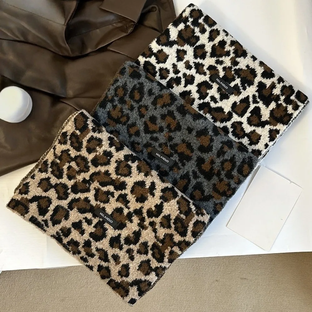 Trendy Lightweight Leopard Print Scarf Korean Style Cashmere Blend Imitation Wool Scarf Windproof Warm Winter Shawl Unisex