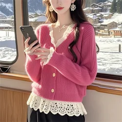 Spring And Autumn 2025 Unique And Beautiful Knitted Top Is Lazy And Has A High Sense Of Fragrance Pink Mink And Mao Mao Coat