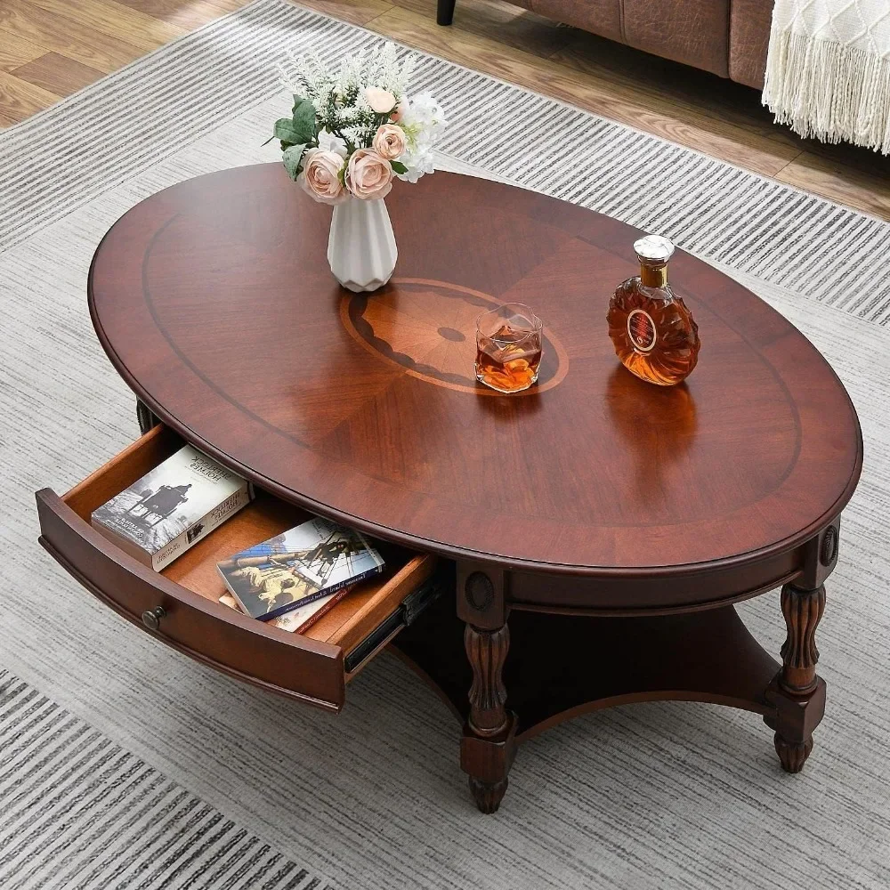 Oval Coffee Table for Living Room, Cherry Solid Wood Coffee Table with Storage Drawer, Victorian Antique Vintage Coffee Table