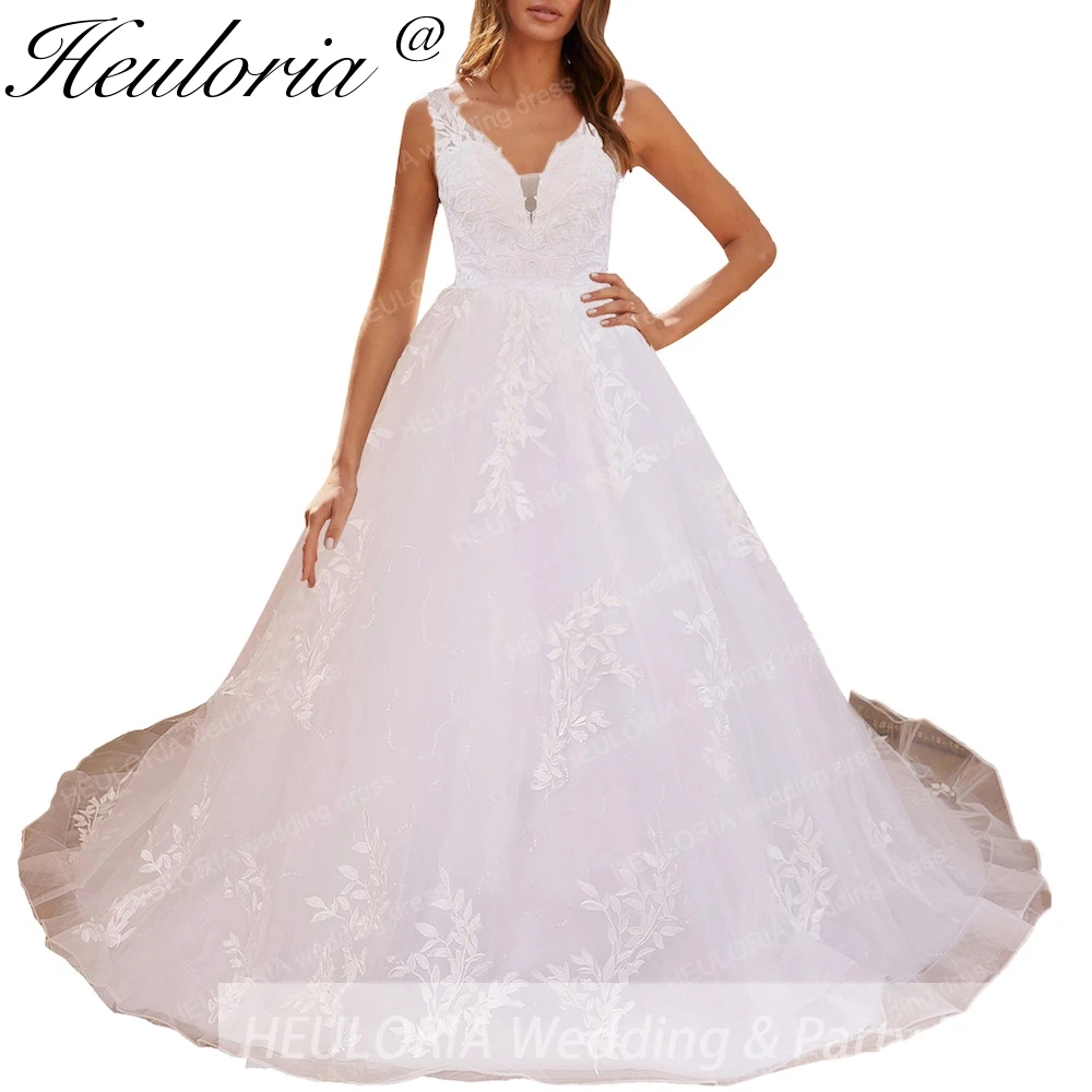 Elegante vestido de noiva V Neck princesa Trem longo Lace Applique vestido nupcial, vestido de casamento