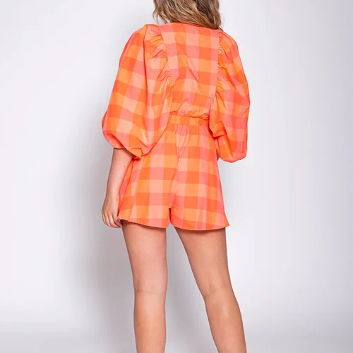 Imagen 2 del producto Combhasaki-peleles con cuello en V profundo para mujer, Color sólido/a cuadros, manga abullonada de burbuja, monos cortos acampanados de cintura alta, monos de verano, Y2K