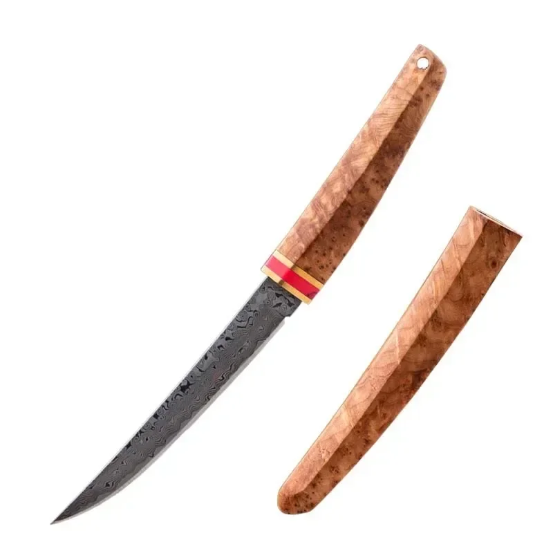 1PC Damascus portable pocket knife, fruit knife for outdoor camping, wooden handle, cutting knife, boning knife