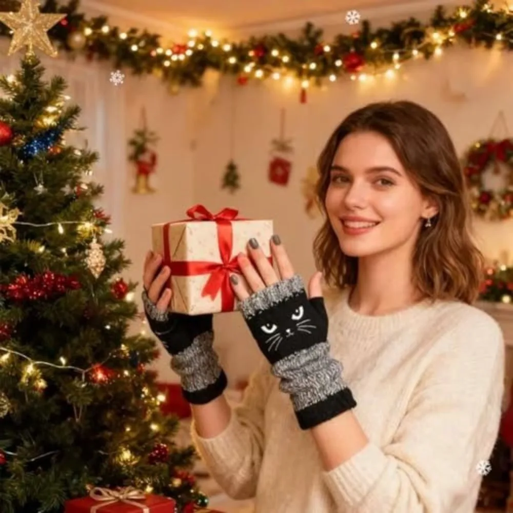 

Вязаные перчатки с вышивкой кошки, хлопковые теплые перчатки без пальцев, утолщенные мягкие перчатки с половиной пальца для мужчин и женщин