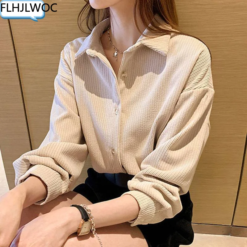 

Women's Cotton Corduroy Tops Chic Korea 2023 Women Spring Outerwear Loose Casual White Single Breasted Button Shirts 12185