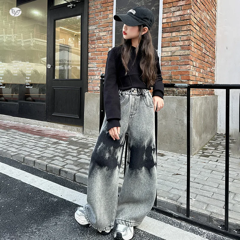 جينز بناتي، سروال جينز واسع الساق من قماش الدنيم، صبغ أمريكي عتيق، بنطال شتوي دافئ مبطن بالصوف، لعمر 7 إلى 14 سنة