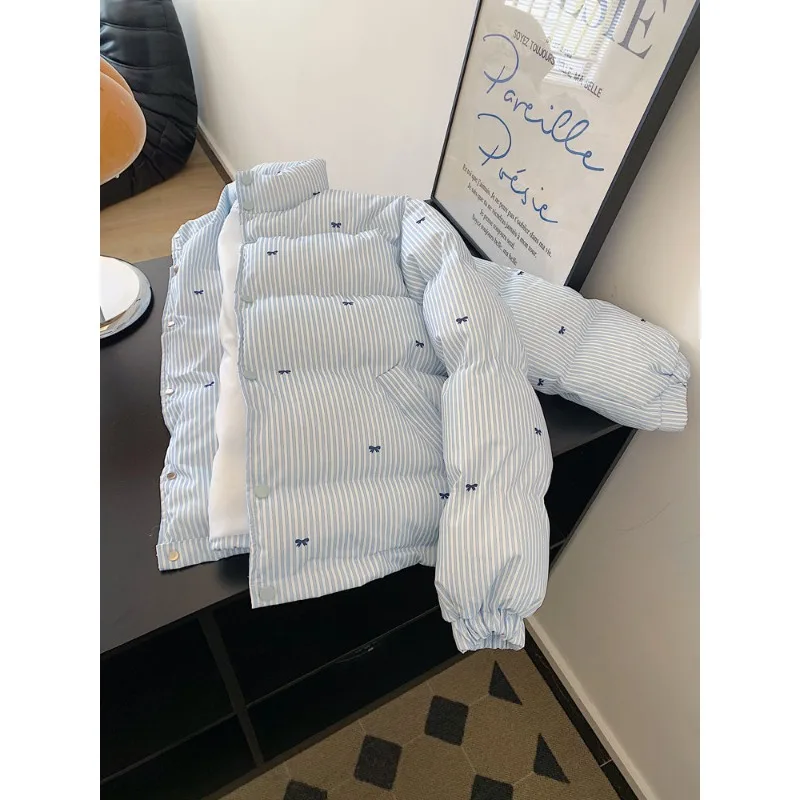 

Women's Winter Tops Jacket Cotton Coat Striped Bow Thickened Warm Vintage Simple Comfortable Leisure Fashion New Niche Versatile