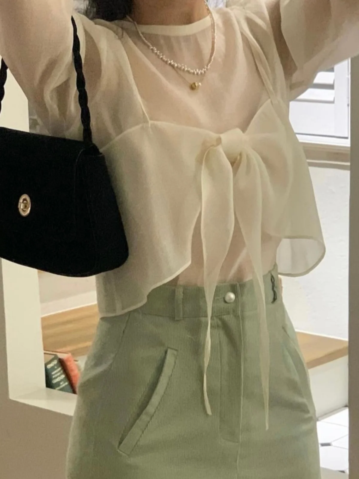 

Ele Knot Tie irt Women's Early Spring 2025 New Fre Anti-aging Long Sve Top Two-piece Set Korean Sle Lo...