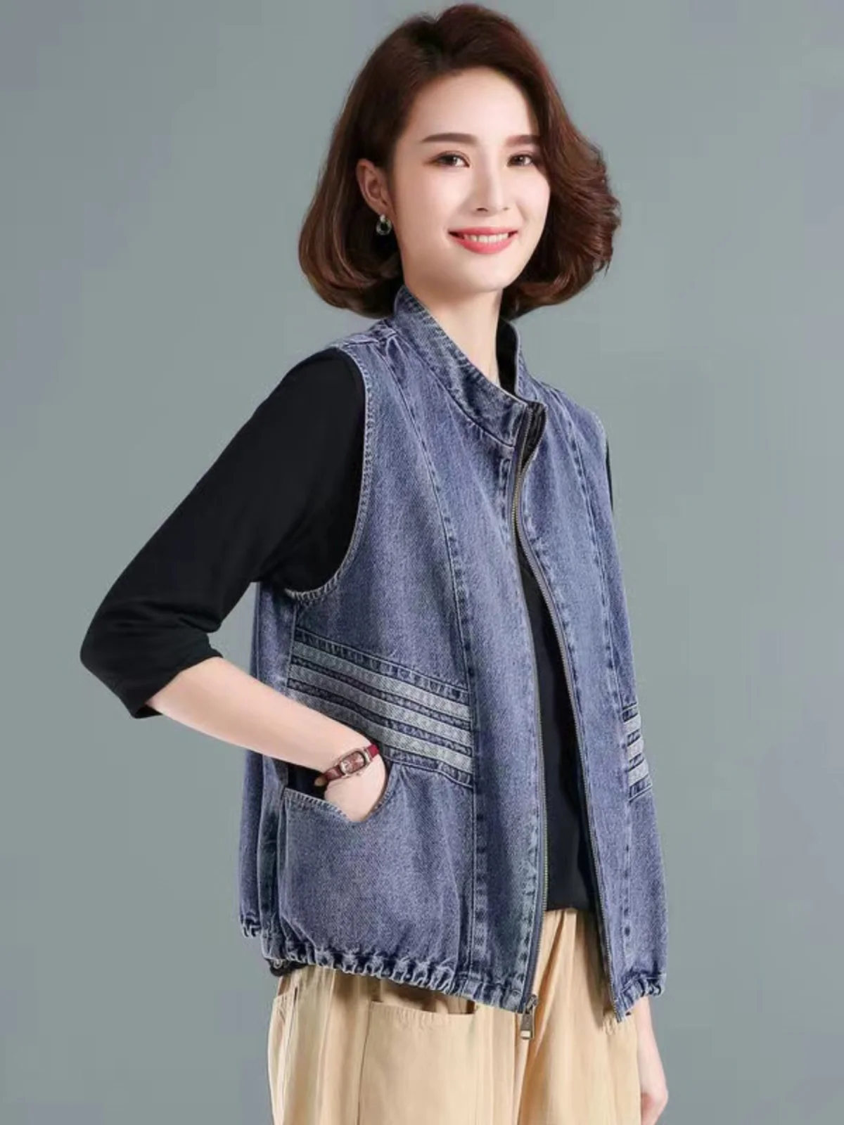 

Женская повседневная джинсовая жилетка в корейском стиле, больших размеров, с молнией, воротником-стойкой, универсальная верхняя одежда для женщин, для повседневной носки