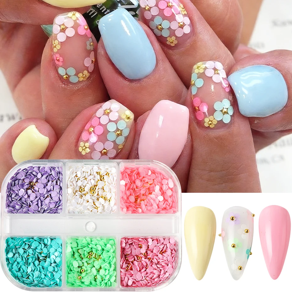 6 Gitter Runde Nagelkunst-Pailletten in Bonbonfarben, Fünfblättrige Blumen, Gemischte Goldene Metallstahlperlen, Sommer-Nagelcharms, Nagelzubehör