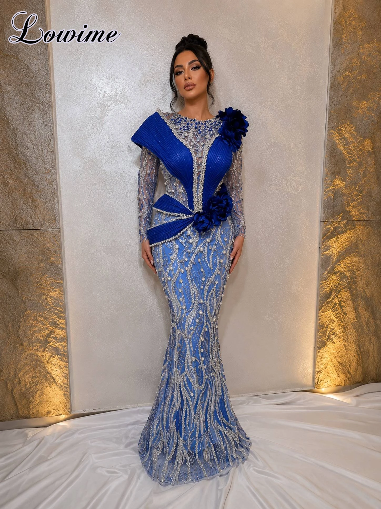 2026 Newest Blue Evening Dresses With Pearls Crystals Beaded Celebrity Dresses Long Sleeves Coutures Vestidos De Gala Customized