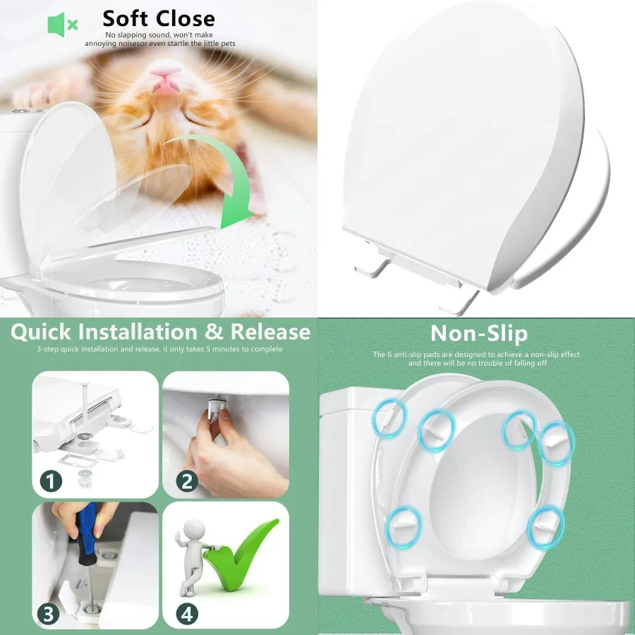 

Round Soft Close Toilet Seat 16.5'' with Slow Close Mechanism for Quiet Operation Easy Installation and Release Safe PP Materia
