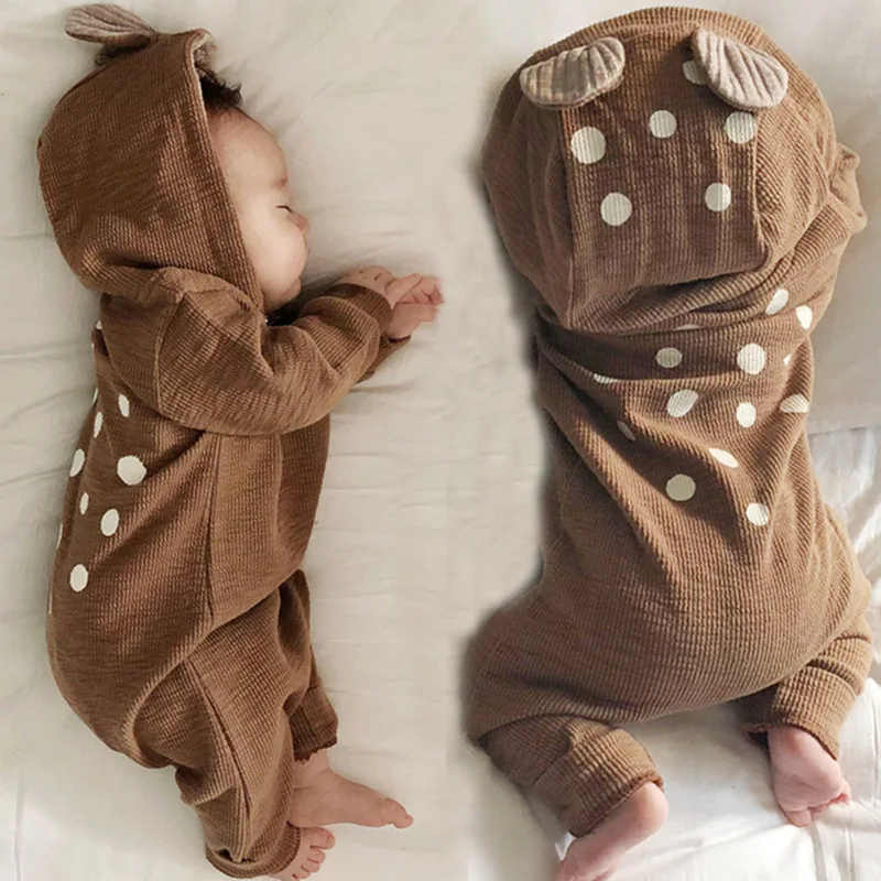 

Korean Version of Spring and Autumn Infant Onesie Going Out Romper Baby Cute Deer Hooded Climbing Suit Newborn Coat