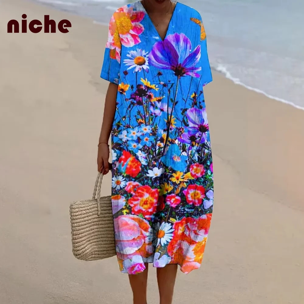 Vestido de mujer con estampado gráfico de flores de colores contrastantes, tela suave y cómoda de alta calidad, nueva falda para vacaciones en la playa