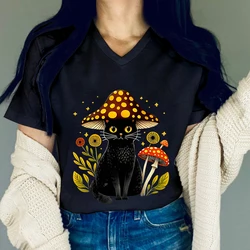 Woman T-shirts Mushroom Print Summer Casual Tops Cute Cottagecore Cat Mushroom Essential T-shirt Female Flower Cat Lover T-shirt